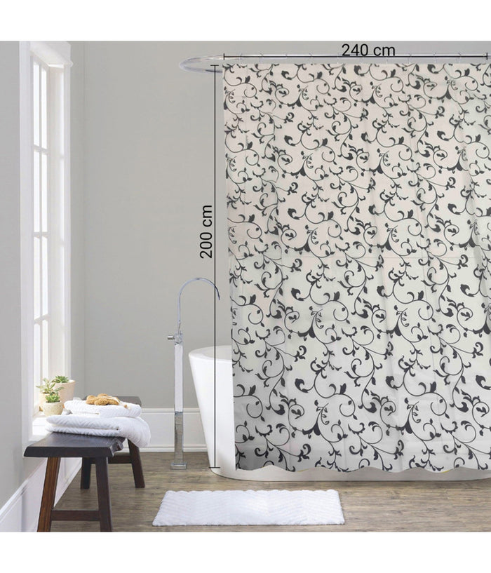 Tenda Doccia Vasca Da Bagno 12 Ganci Motivo Floreale Bianco Nero 240x200cm 87568         