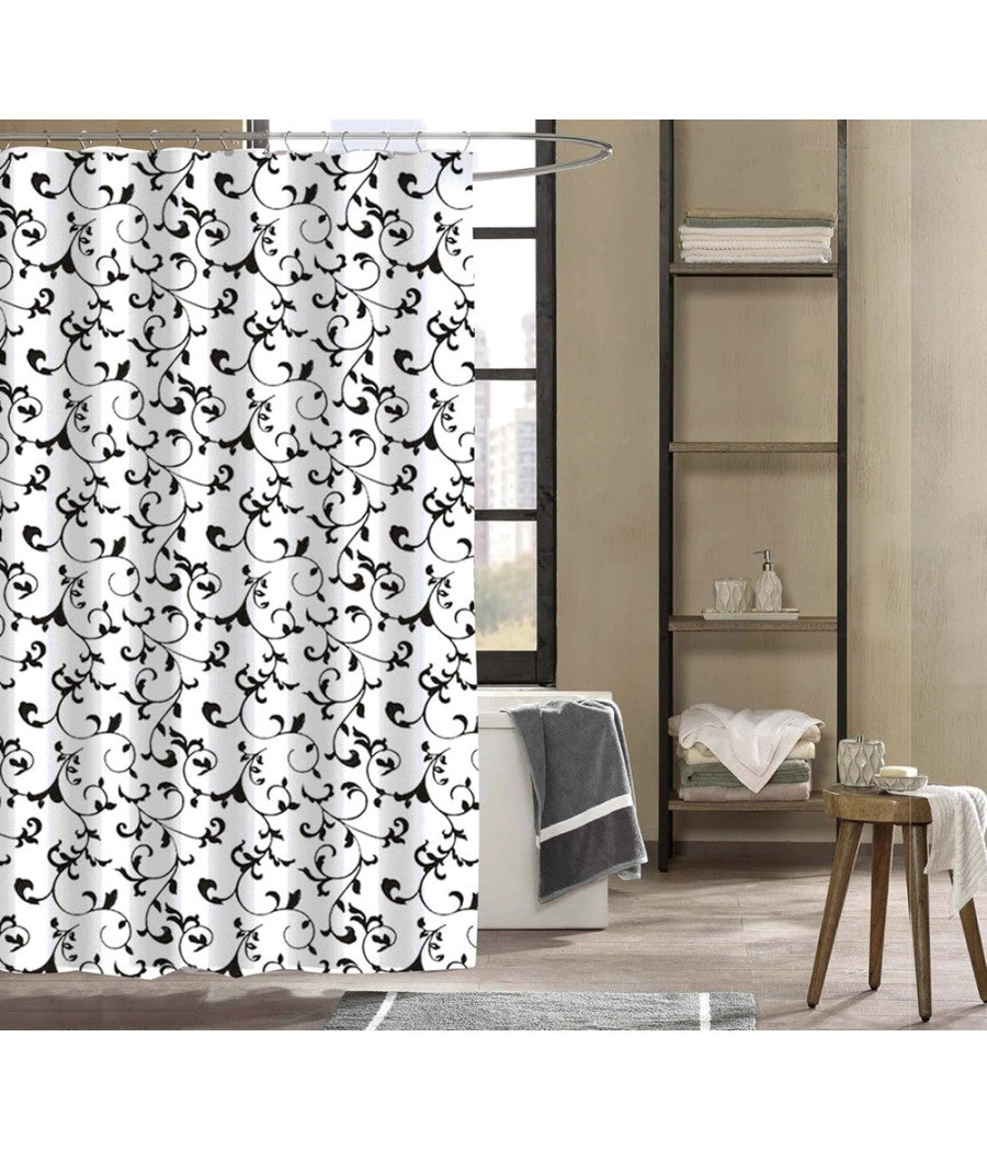 Tenda Doccia Vasca Da Bagno 12 Ganci Motivo Floreale Bianco Nero 240x200cm 87568         