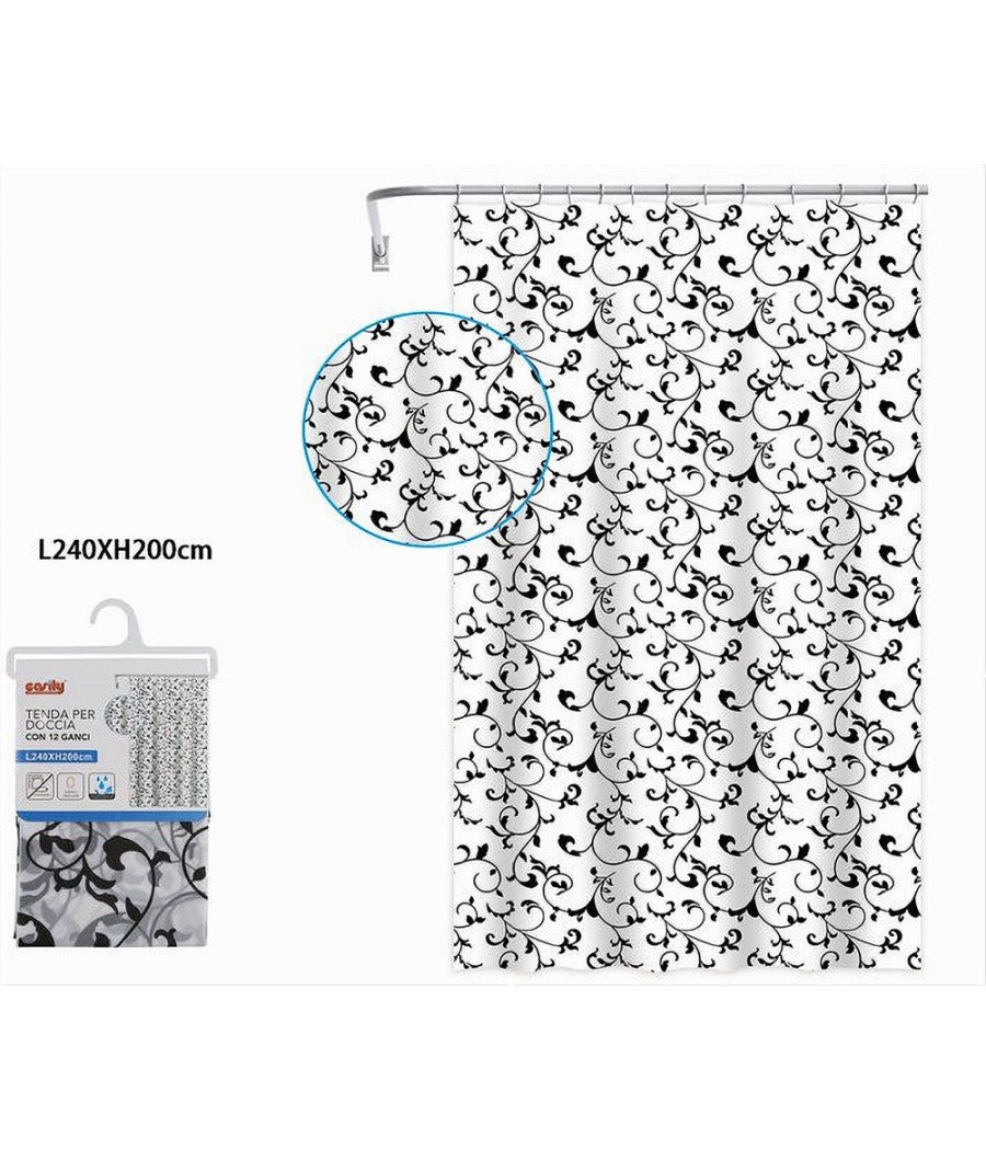 Tenda Doccia Vasca Da Bagno 12 Ganci Motivo Floreale Bianco Nero 240x200cm 87568         