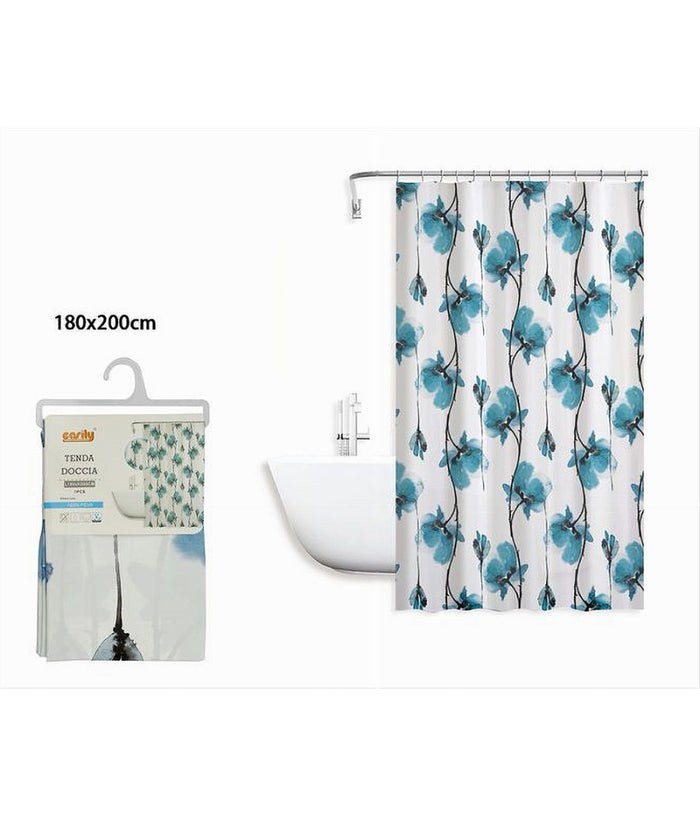 Tenda Doccia Vasca Impermeabile 12 Ganci Decorazione Fiori Blu 180x200 Cm 79224         
