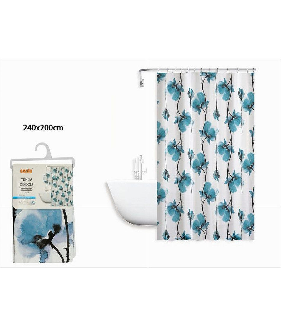 Tenda Doccia Vasca Impermeabile 12 Ganci Decorazione Fiori Blu 240 X 200cm 79225         