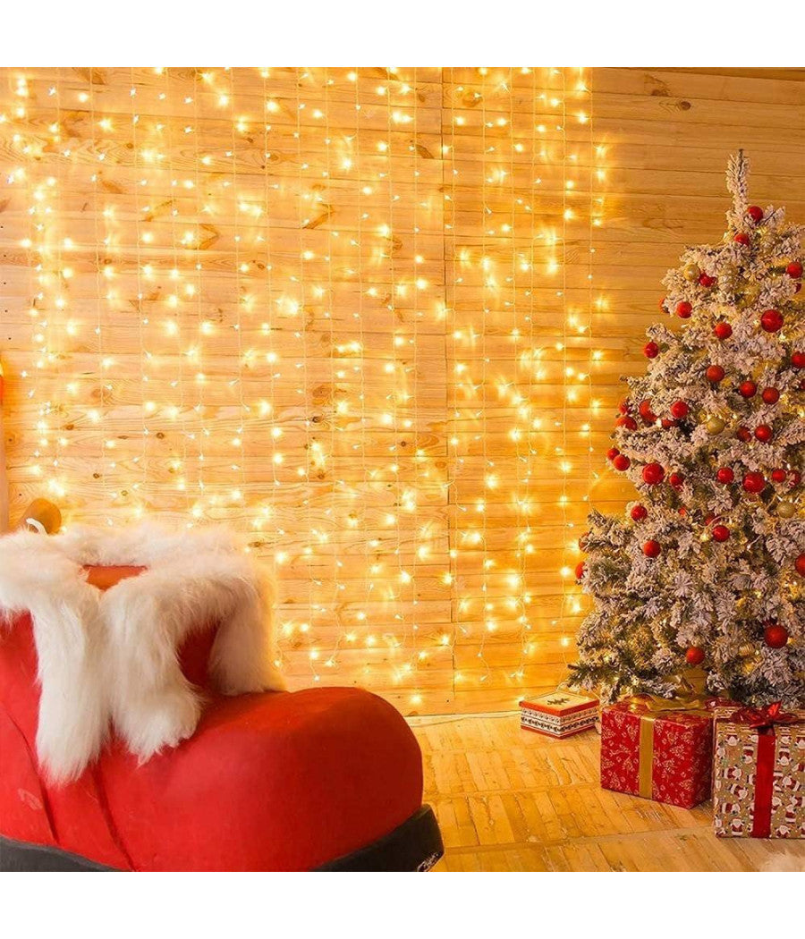 Tenda Luminosa Led Catena Luci Usb 8 Modalità  Luce Telecomando Bianco Caldo 3x3mt         