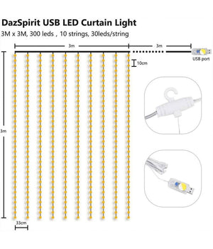 Tenda Luminosa Led Catena Luci Usb 8 Modalità  Luce Telecomando Bianco Caldo 3x3mt         