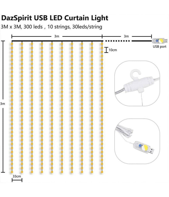 Tenda Luminosa Led Catena Luci Usb 8 Modalità  Luce Telecomando Bianco Caldo 3x3mt         