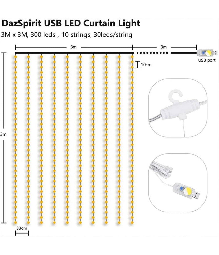 Tenda Luminosa Led Catena Luci Usb 8 Modalità  Luce Telecomando Bianco Caldo 3x3mt         