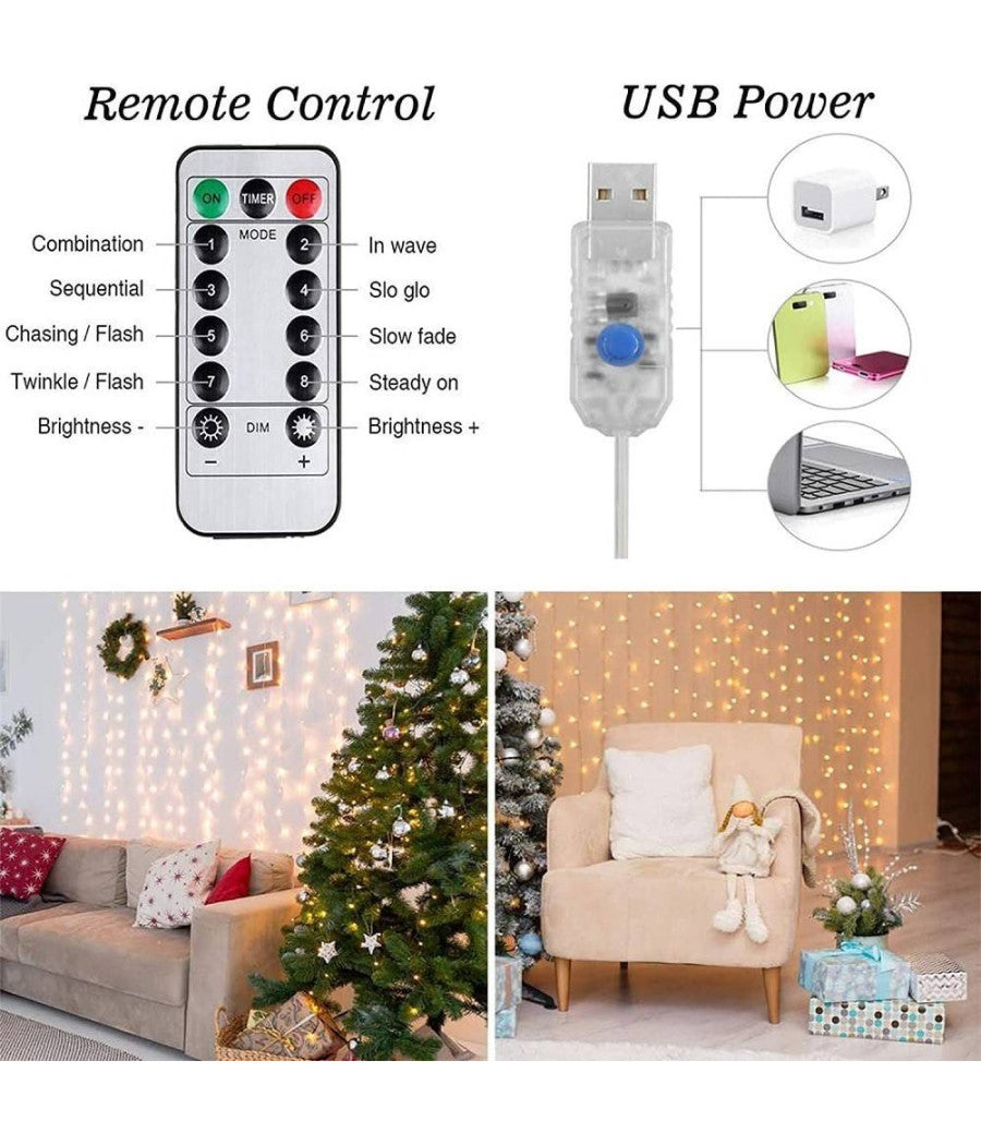 Tenda Luminosa Led Catena Luci Usb 8 Modalità  Luce Telecomando Bianco Caldo 3x3mt         