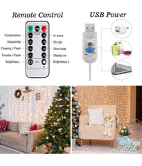 Tenda Luminosa Led Catena Luci Usb 8 Modalità  Luce Telecomando Bianco Caldo 3x3mt         