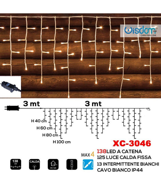 Tenda Luminosa Natalizia 138 Led Luce Calda Fissa + Bianca Intermittente Xc-3046         