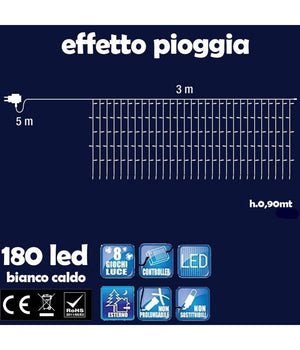 Tenda Luminosa Natalizia 180 Led Luce Bianco Caldo 3 Metri Per Esterno         