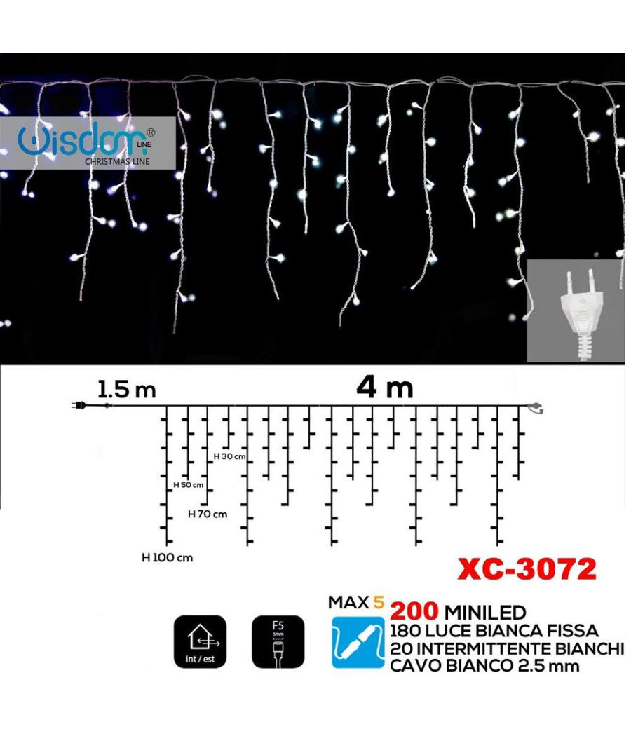 Tenda Luminosa Natalizia 200led Luce Bianca Fissa + Bianca Intermittente Xc-3072         