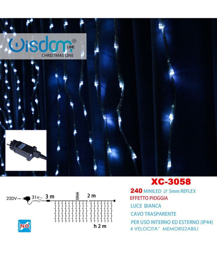 Tenda Luminosa Natalizia 240 Mini Led Effetto Pioggia Luce Bianca Ip44 Xc-3058         