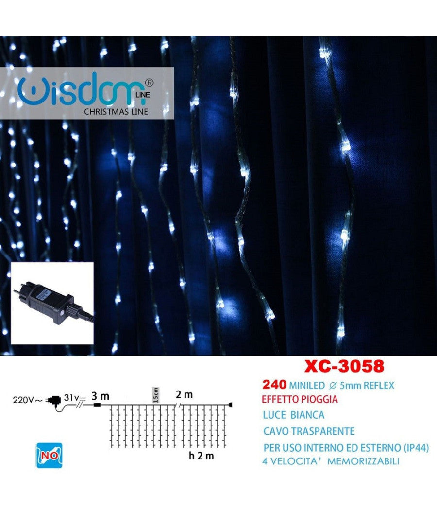 Tenda Luminosa Natalizia 240 Mini Led Effetto Pioggia Luce Bianca Ip44 Xc-3058         