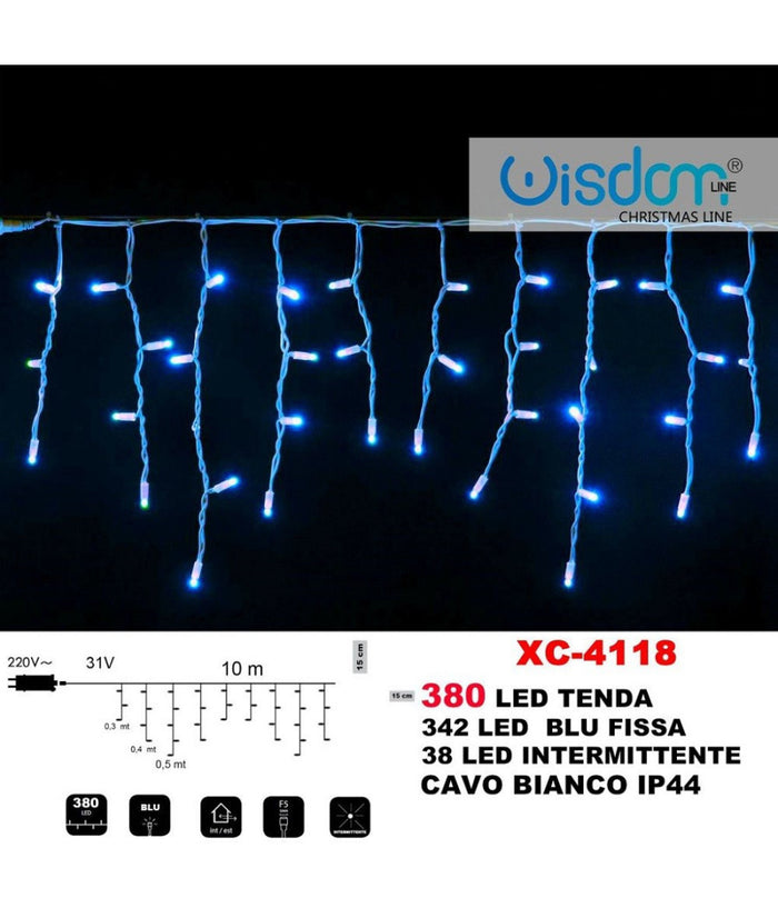 Tenda Luminosa Natalizia 380 Led Luce Blu Fissa + Intermittente Ip44 Xc-4118         