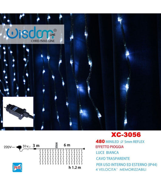 Tenda Luminosa Natalizia 480 Mini Led Effetto Pioggia Luce Bianca Ip44 Xc-3056         