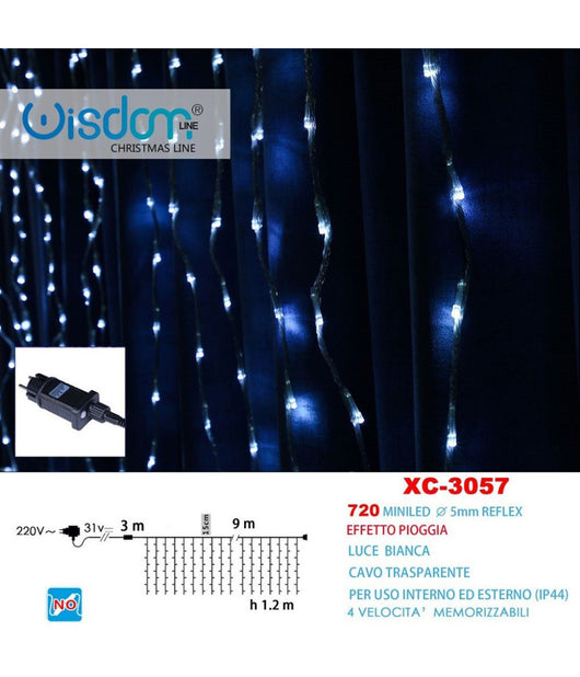 Tenda Luminosa Natalizia 720 Mini Led Effetto Pioggia Luce Bianca Ip44 Xc-3057         