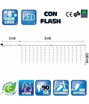 Tenda Luminosa Natalizia 90 Led Luce Bianco Freddo 3 Metri Esterno Luci Cavo 5mt         