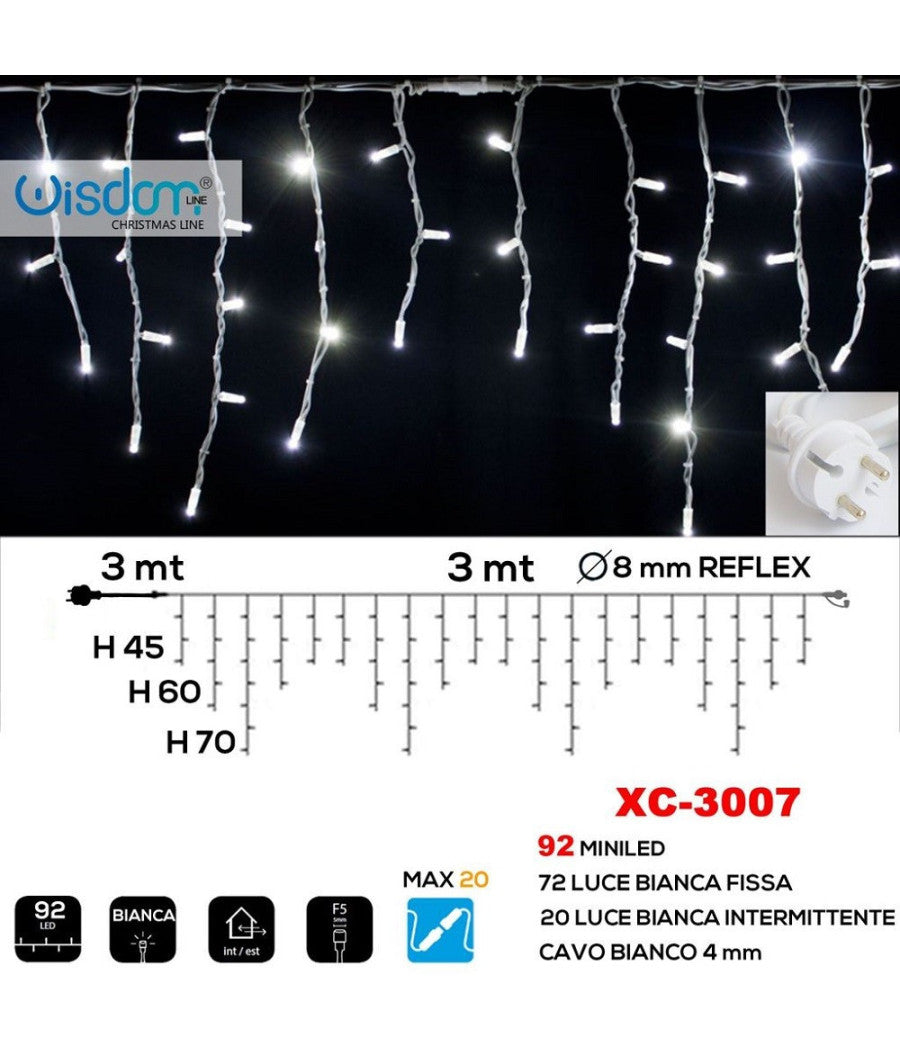 Tenda Luminosa Natalizia 92 Led Luce Bianca Fissa + Bianca Intermittente Xc-3007         