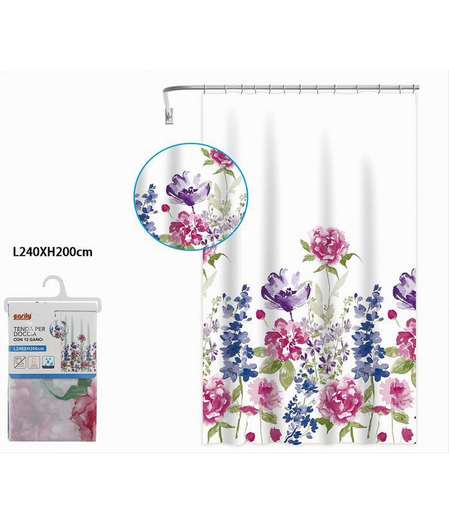 Tenda Per Doccia Bagno Stampa Garden Fiori Floreale 240x200cm Con 12 Ganci 87570         
