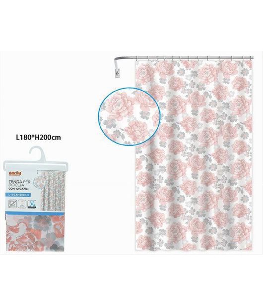Tenda Per Doccia Vasca Da Bagno 12 Ganci Stampa Fiori Rosa Grigi 180x200cm 87575         