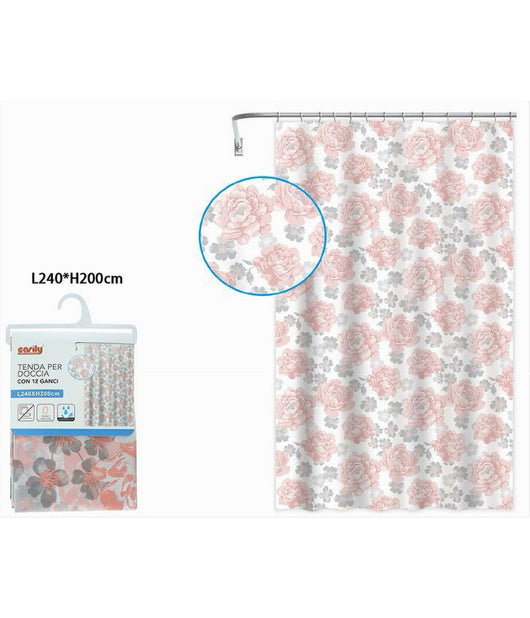Tenda Per Doccia Vasca Da Bagno 12 Ganci Stampa Fiori Rosa Grigi 240x200cm 87576         