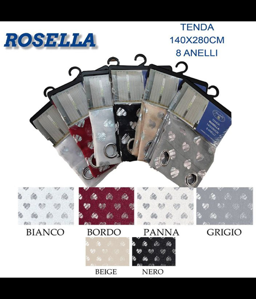 Tenda Rosella Cuori Pannello Singolo 8 Borchie Porta Finestra Bastone 140x280 Cm         