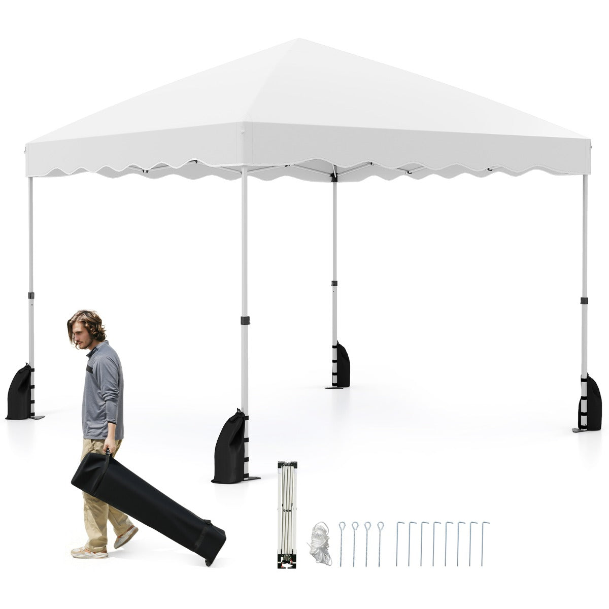 Tenda a baldacchino pop-up 3 x 3 M per feste per feste eventi commerciali, Rifugio da patio pieghevole con borsa con ruote Bianco-Tende parasole