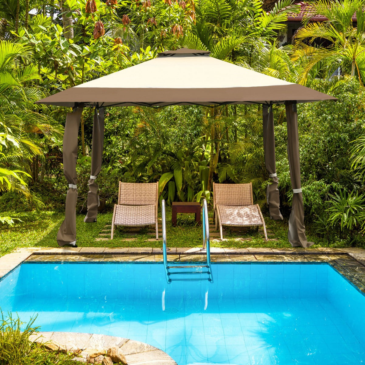 Tenda a baldacchino 4x4m con tetto a 2 livelli tessuto oxford altezze regolabili, Gazebo per cortile patio Marrone-Gazebo