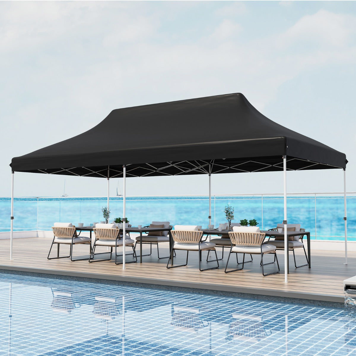 Tenda a scomparsa 3x6m pieghevole impermeabile con borsa per trasporto, Tenda per festa con protezione solare Nero-Gazebo