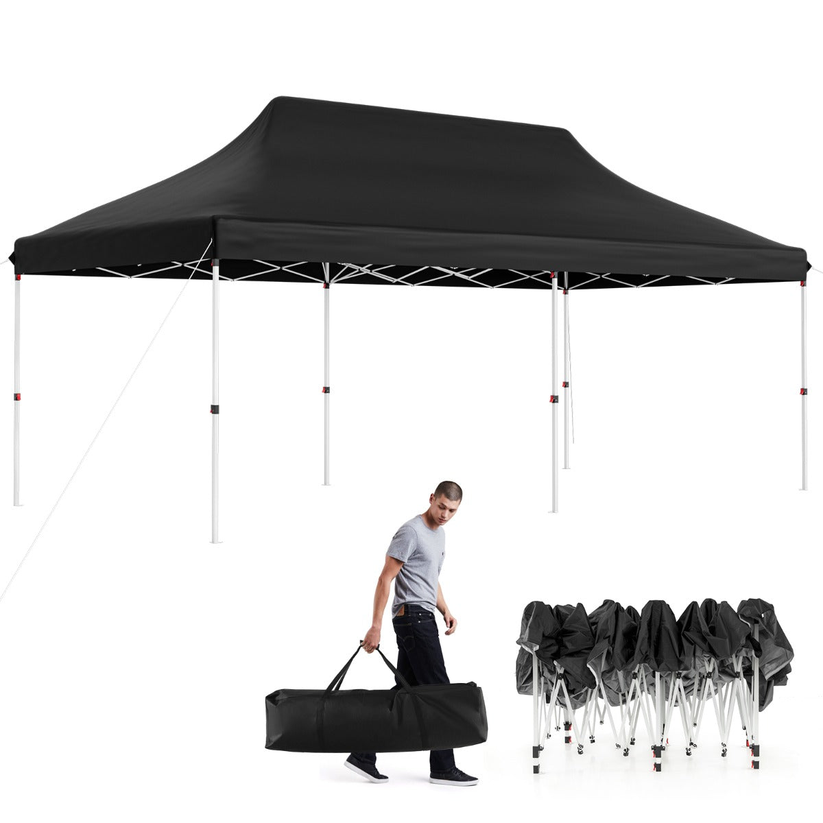 Tenda a scomparsa 3x6m pieghevole impermeabile con borsa per trasporto, Tenda per festa con protezione solare Nero-Gazebo