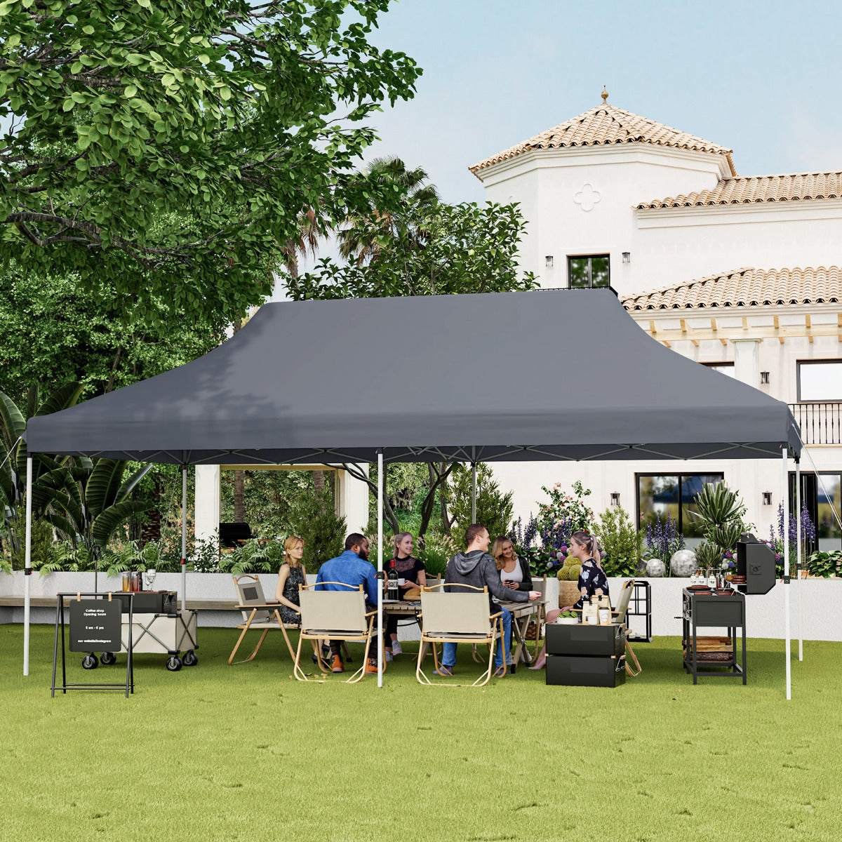Tenda a scomparsa 3x6m pieghevole impermeabile con borsa per trasporto, Tenda per festa con protezione solare Grigio-Gazebo