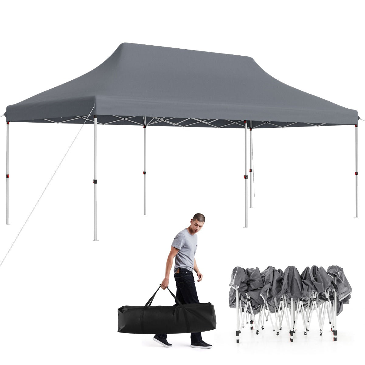Tenda a scomparsa 3x6m pieghevole impermeabile con borsa per trasporto, Tenda per festa con protezione solare Grigio-Gazebo