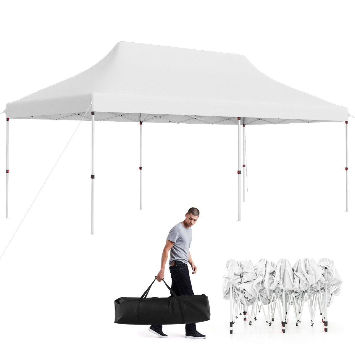 Tenda a scomparsa 3x6m pieghevole impermeabile con borsa per trasporto, Tenda per festa con protezione solare Bianco-Gazebo