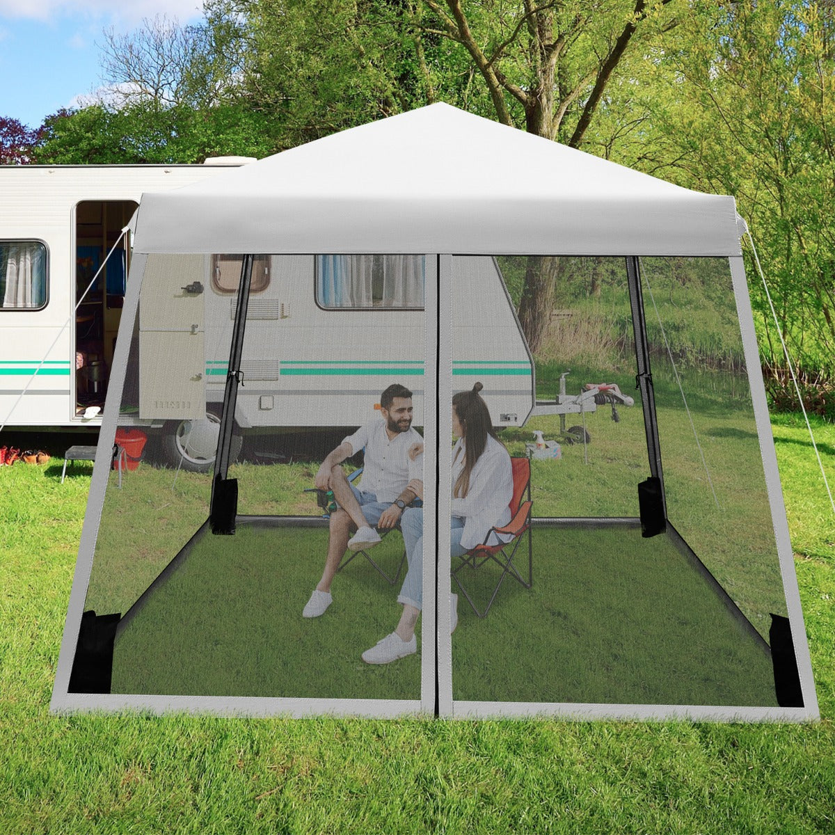 Tenda a tettoia con gambe inclinate pareti laterali in rete borsa a rullo, Gazebo altezza regolabile 3x3m Grigio-Gazebo