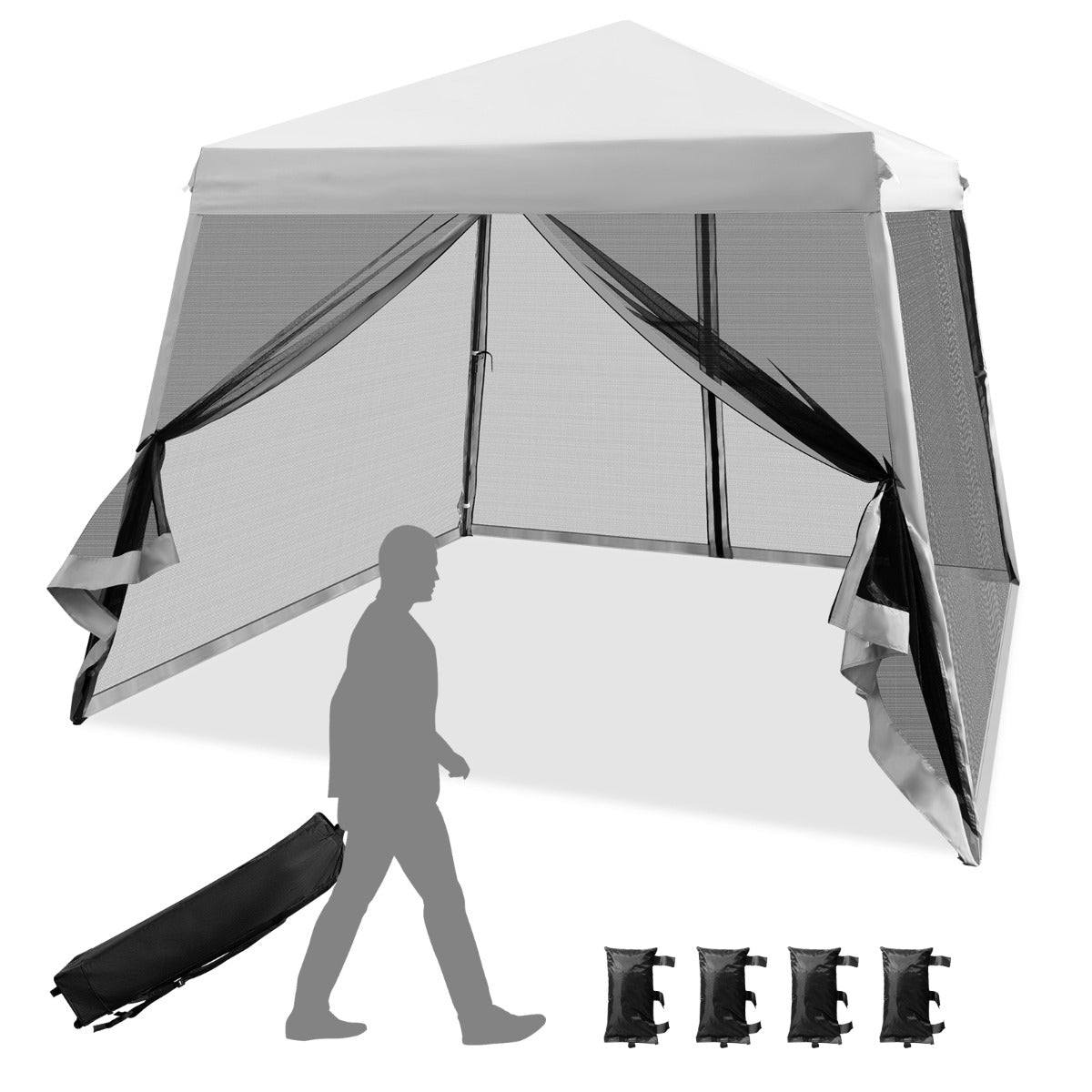 Tenda a tettoia con gambe inclinate pareti laterali in rete borsa a rullo, Gazebo altezza regolabile 3x3m Grigio-Gazebo