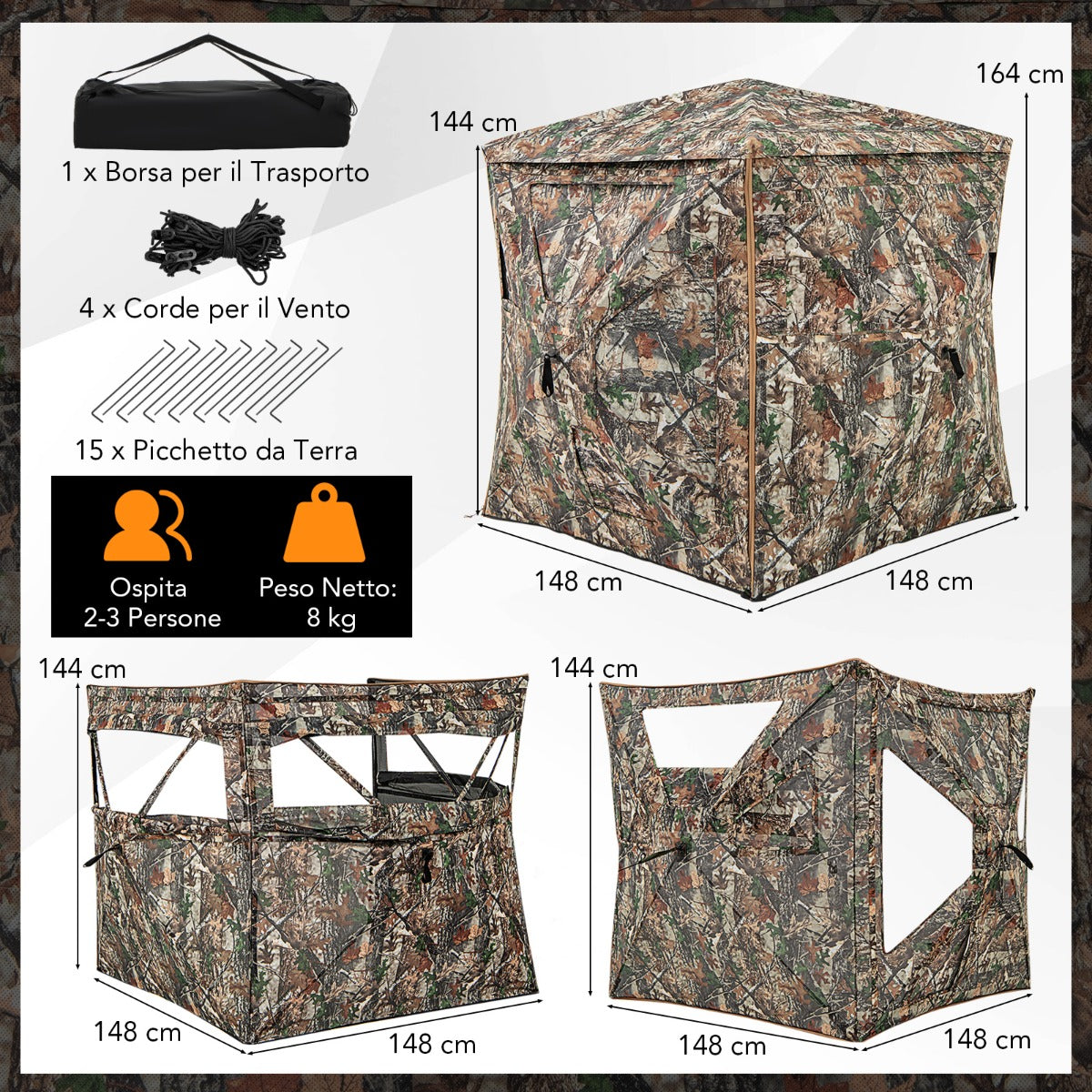 Tenda da caccia 5-in-1 staccabile per 2-3 persone, Tenda da terra a visione unidirezionale a 360¡ã con lucernario-Tende