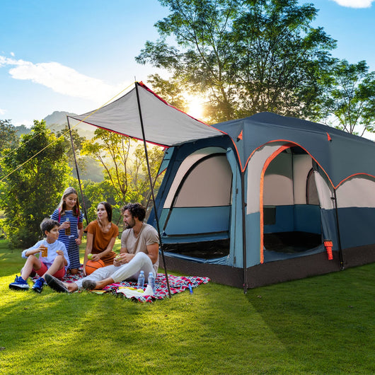 Tenda da campeggio a 6 posti con divisorio telo antipioggia borsa-Tenda a doppio strato impermeabile 323x211x189cm Blu
