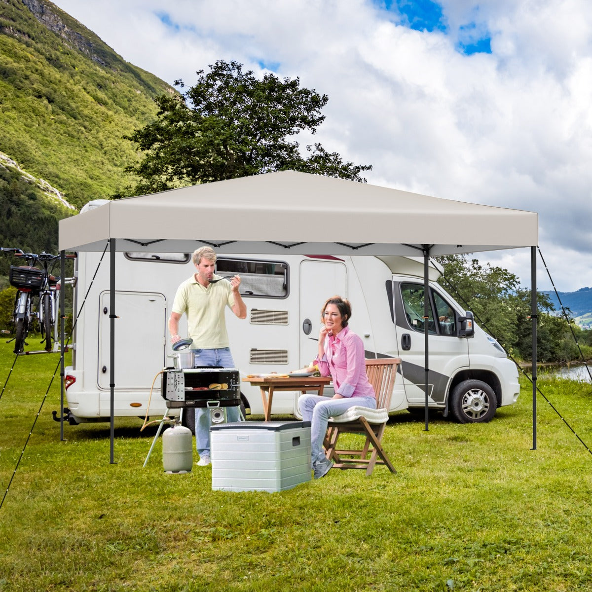 Tenda da campeggio per eventi commerciali da esterno pieghevole, 365 x 225 CM tenda a baldacchino pop-up con borsa portatile Beige-Tende parasole