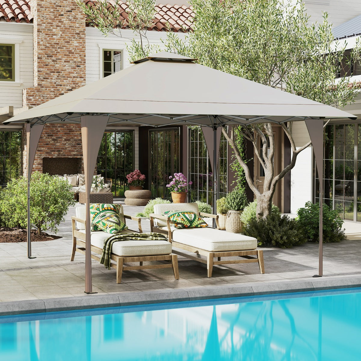 Tenda da gazebo con tetto ventilato e borsa per il trasporto, Riparo istantaneo regolabile 390 x 390 cm Khaki-Gazebo