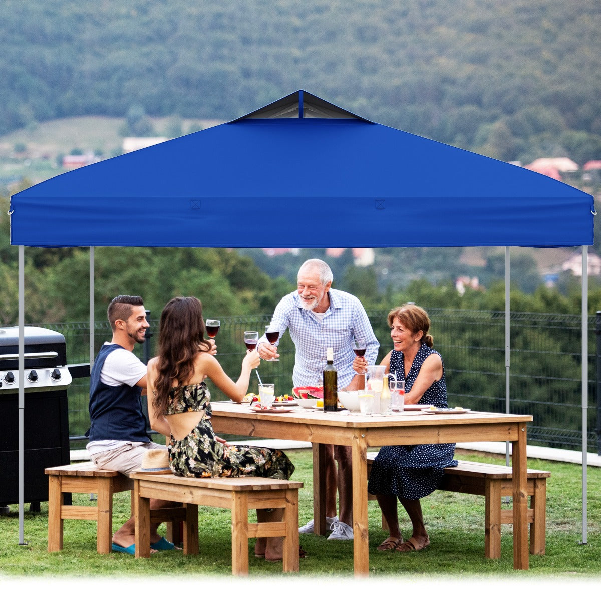 Gazebo pieghevole per patio all'aperto con blocco centrale, Gazebo pop-up da 295 x 295 cm Blu-Gazebo