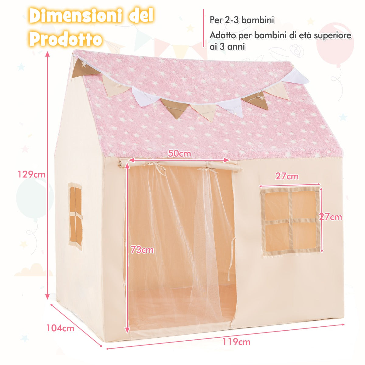 Tenda da gioco per bambini per bambini 3+ anni, Grande casa da gioco con stelle luminescenti Rosa-Tende e Casette per bambini