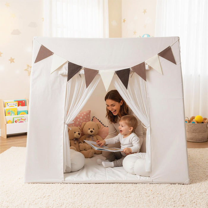 Tenda da gioco con angolo lettura e funzione tenda per dormire-Tenda da gioco interna con tappetino imbottito lavabile Beige