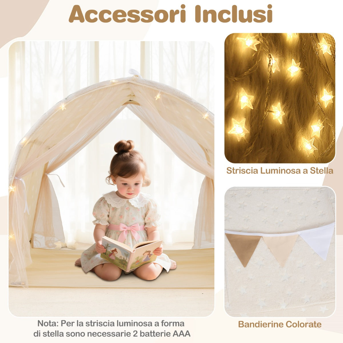 Tenda da gioco interna per letto a castello singolo con stelle luminose al buio, Tenda letto per bambini Beige-Tende e Casette per bambini