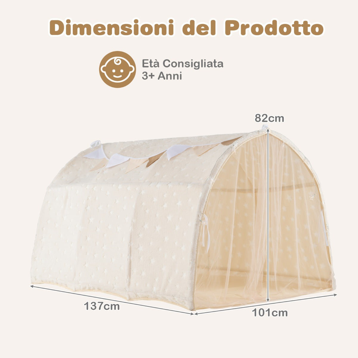 Tenda da gioco interna per letto a castello singolo con stelle luminose al buio, Tenda letto per bambini Beige-Tende e Casette per bambini