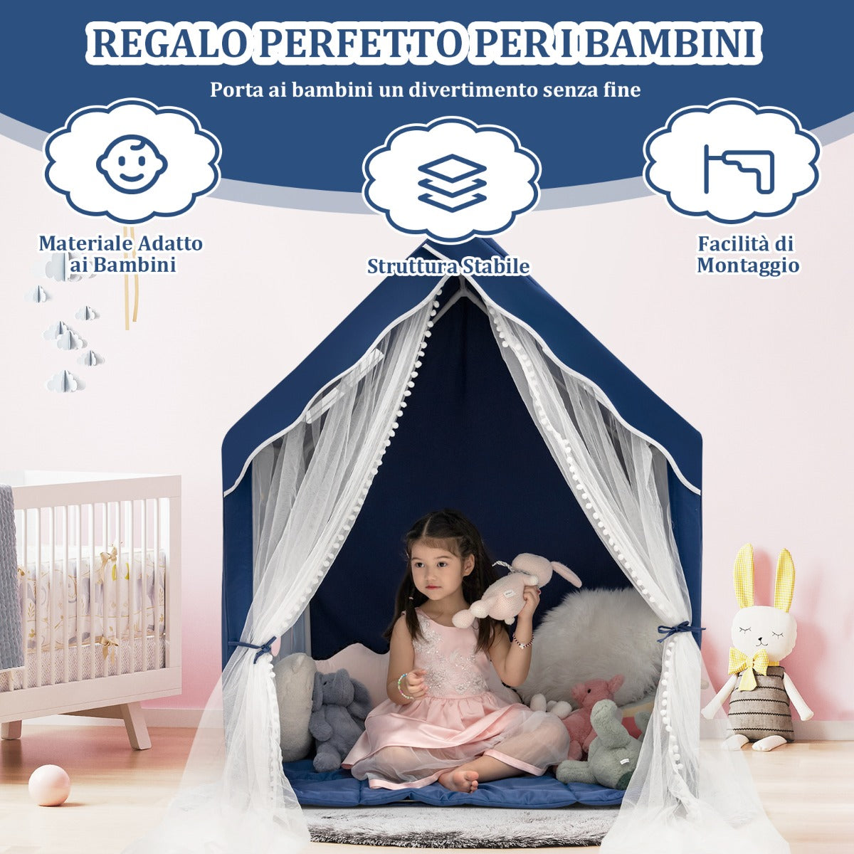 Tenda da gioco con tappetino imbottito rimovibile, Casetta per bambini per interno 121 cmx105cmx137cm Blu-Tende e Casette per bambini
