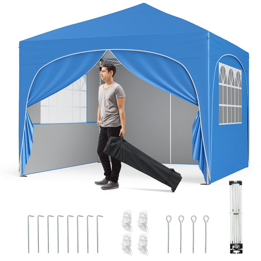 Tenda gazebo richiudibile con 4 pareti rimovibili 3x3 m borsa con ruote, Riparo sole da spiaggia pieghevole Blu-Gazebo