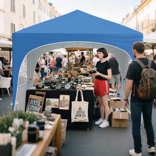 Tenda gazebo richiudibile con 4 pareti rimovibili 3x3 m borsa con ruote, Riparo sole da spiaggia pieghevole Blu-Gazebo