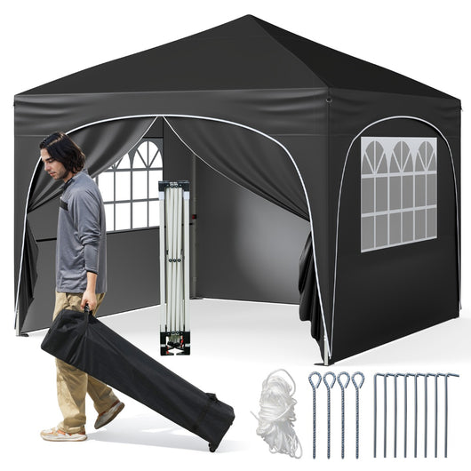 Tenda gazebo richiudibile con 4 pareti rimovibili 3x3 m borsa con ruote, Riparo sole da spiaggia pieghevole Nero-Gazebo