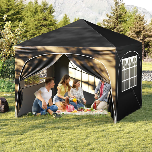 Tenda gazebo richiudibile con 4 pareti rimovibili 3x3 m borsa con ruote, Riparo sole da spiaggia pieghevole Nero-Gazebo