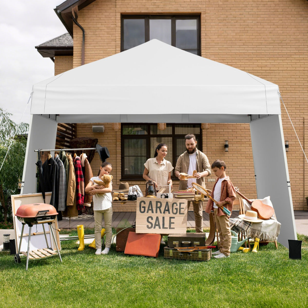 Tenda gazebo con pareti laterali convertibili in tenda da sole, Rifugio solare da esterno pieghevole Bianco-Gazebo