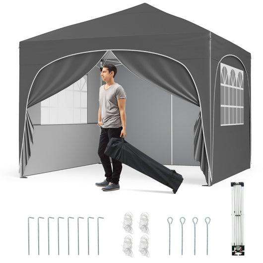 Tenda gazebo richiudibile con 4 pareti rimovibili 3x3 m borsa con ruote, Riparo sole da spiaggia pieghevole Grigio-Gazebo